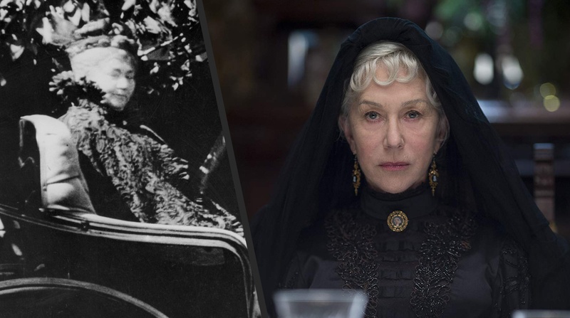 Une photo de Sarah Winchester et une scène du film Winchester