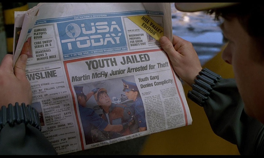 La page frontispice du USA Today rend hommage à Back to the Future 2